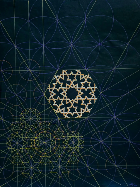 A print of Islamic geometric patterns on a navy background.