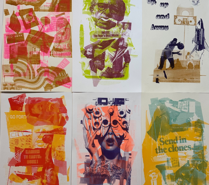 A group of six prints with various colors, patterns and subjects.