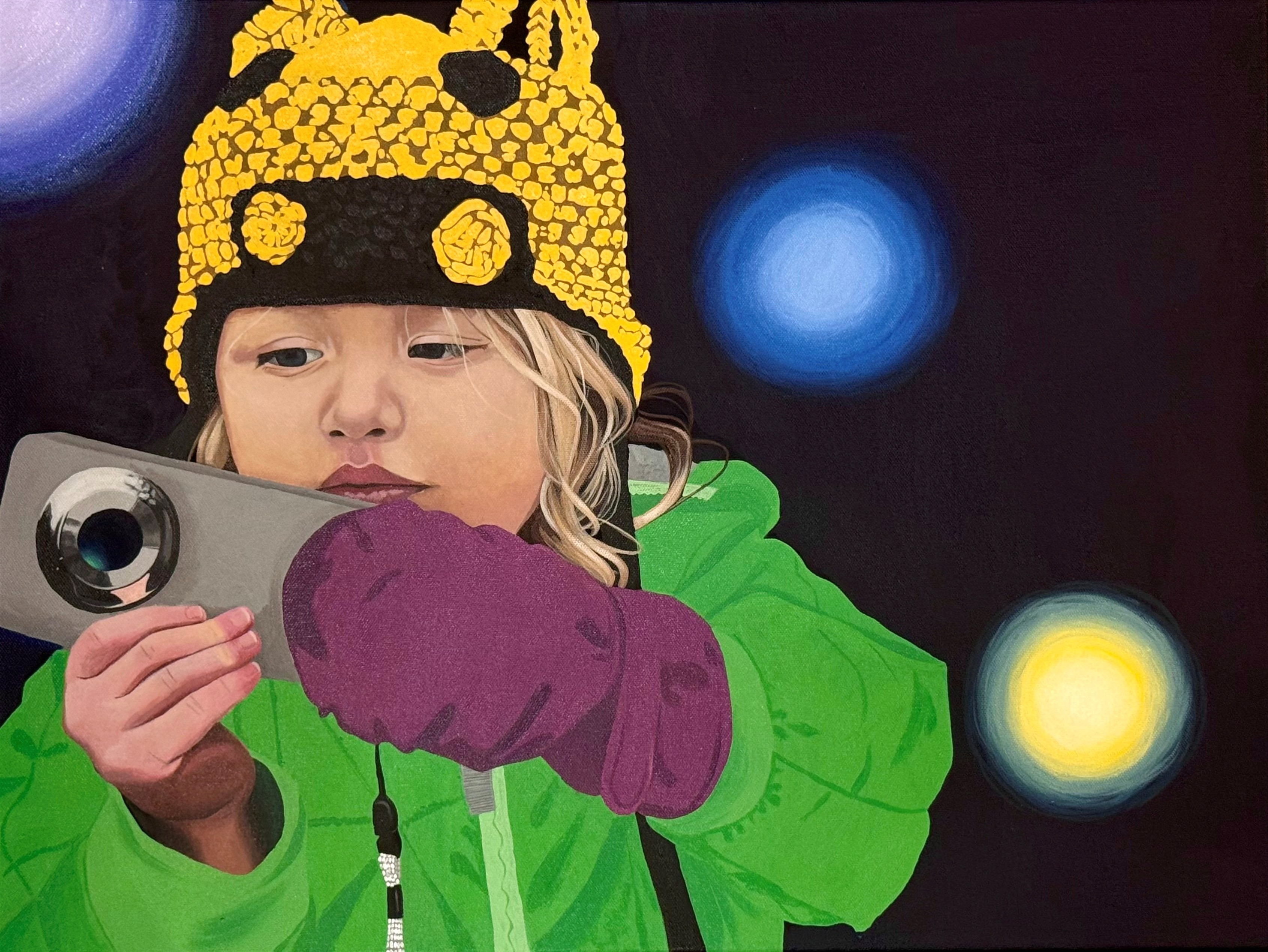 A painting of a young girl in winter clothes holding an smart phone.
