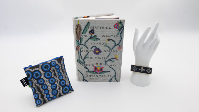 A beaded journal, a patterned pouch, and a beaded bracelet on a white background.