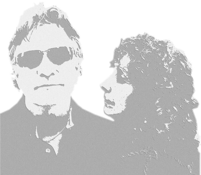 A pixelated image two men in a band.