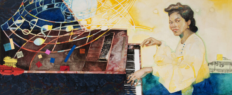 A watercolor painting of a woman playing a piano with colorful music notes.