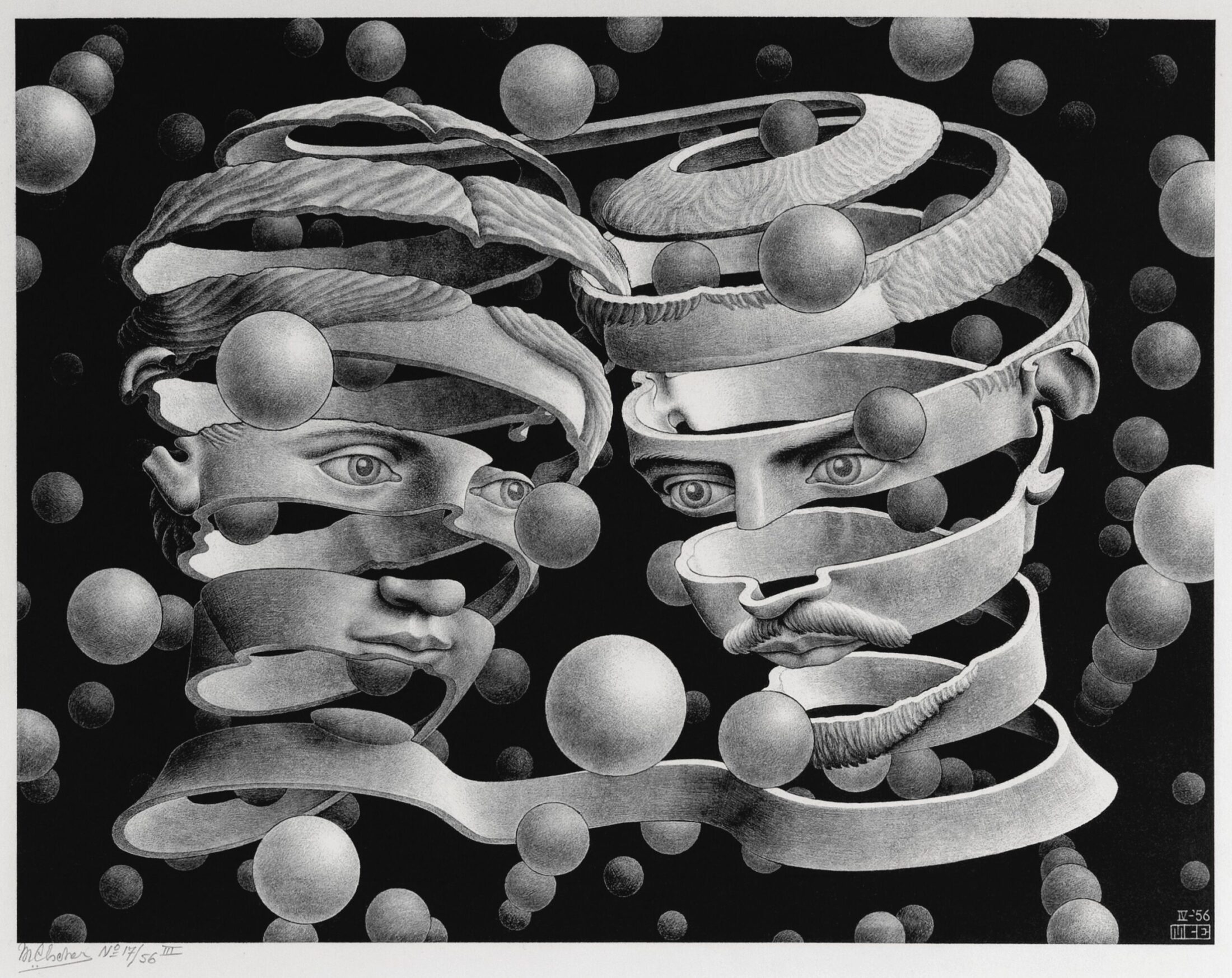 A drawing of men's faces abstracting like a ribbon on a black background with spheres.