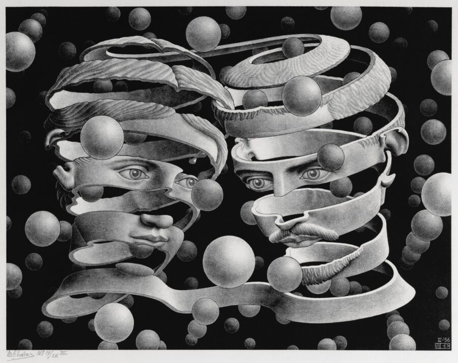 A drawing of men's faces abstracting like a ribbon on a black background with spheres.