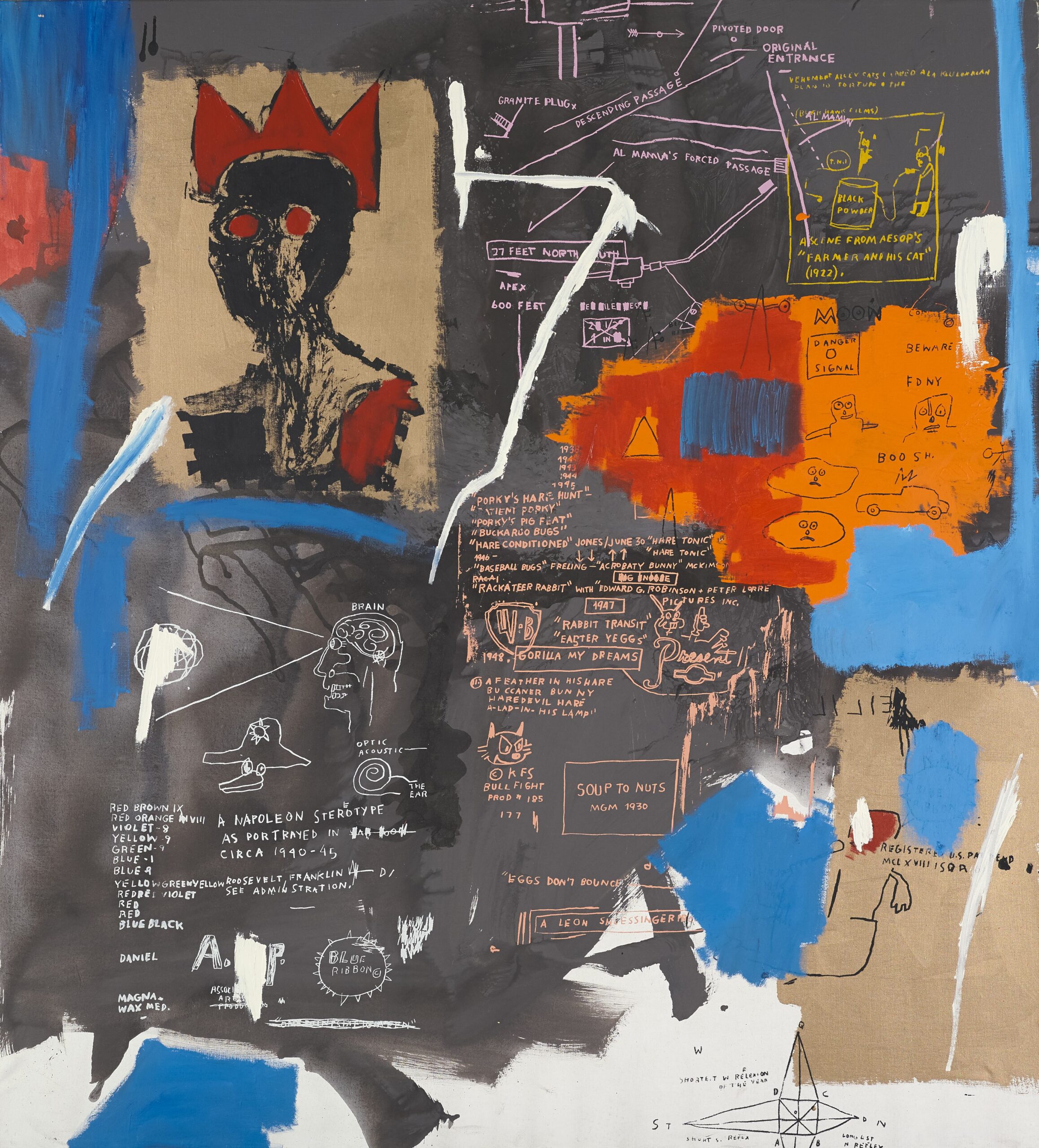 Abstract painting by Basquiat with blue, black, and orange colors and a figure with a crown.