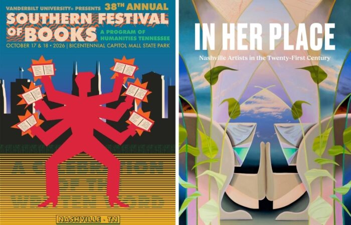 A graphic with two posters; one for the Southern Festival of Books and the other for the book In Her Place.