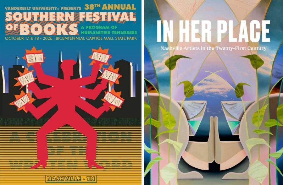 A graphic with two posters; one for the Southern Festival of Books and the other for the book In Her Place.