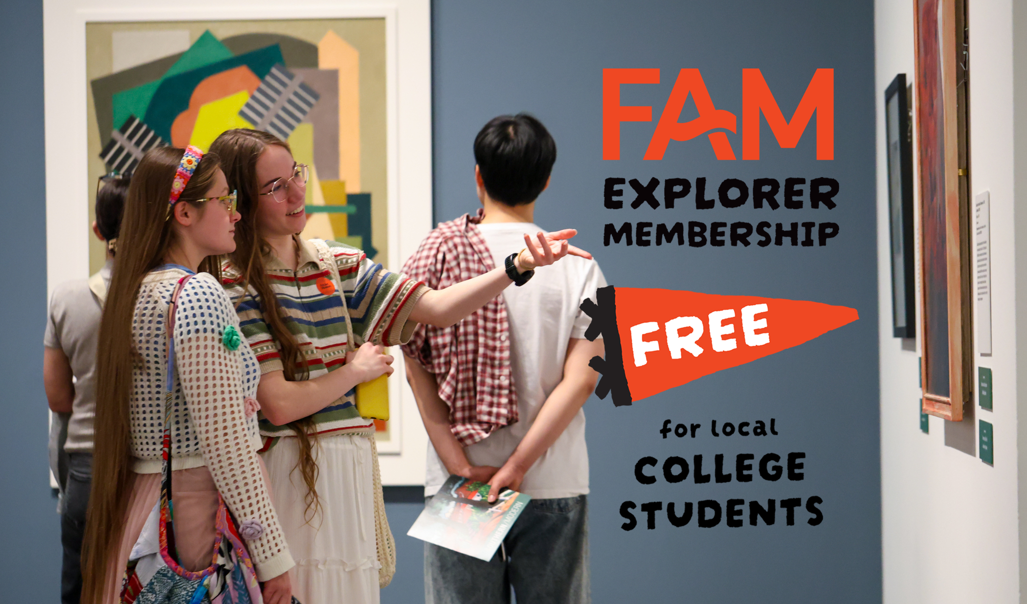 Graphic promoting free memberships for college students featuring two college students talking about a piece of art