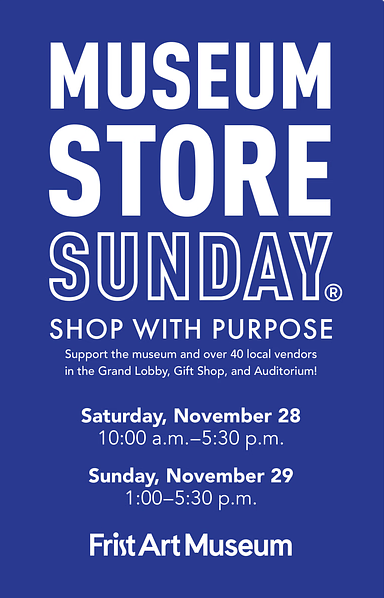 A blue graphic with details of the event Museum Store Sunday.
