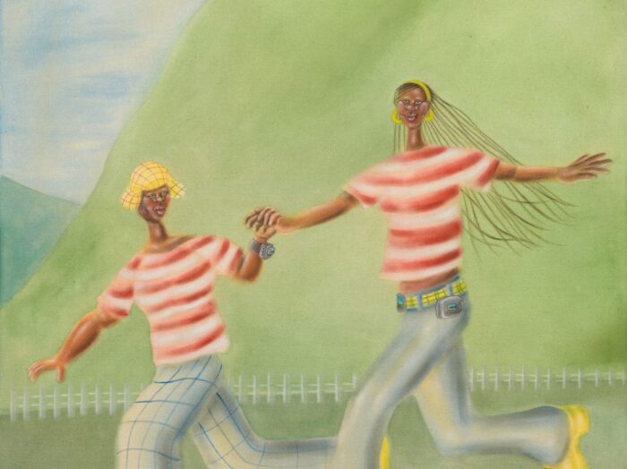 A painting of two people in red and white stripped shirts hold hands while running through hills.