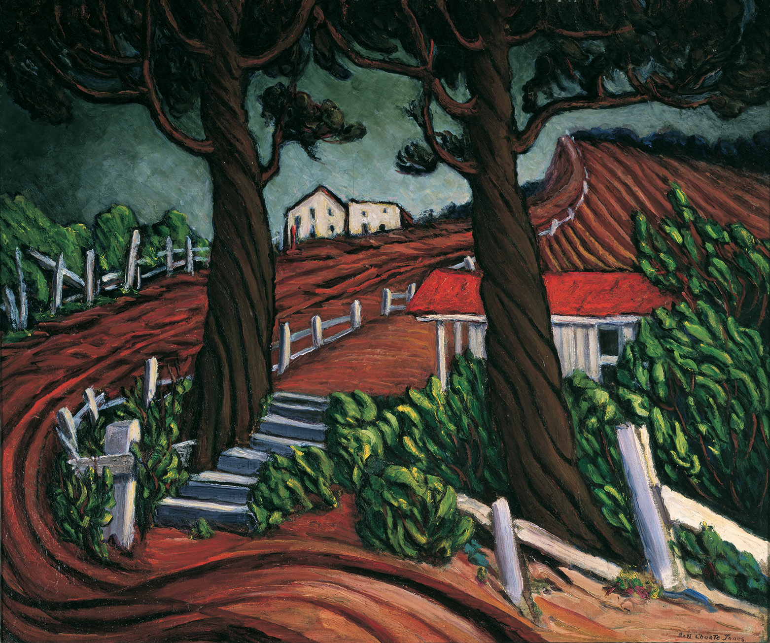 Red path leading from the front to the back of the painting with two large trees in the foreground