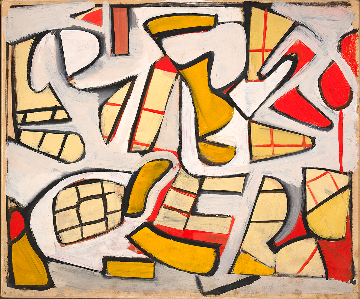 Abstract painting of off white, beige, red and yellow shapes and curves