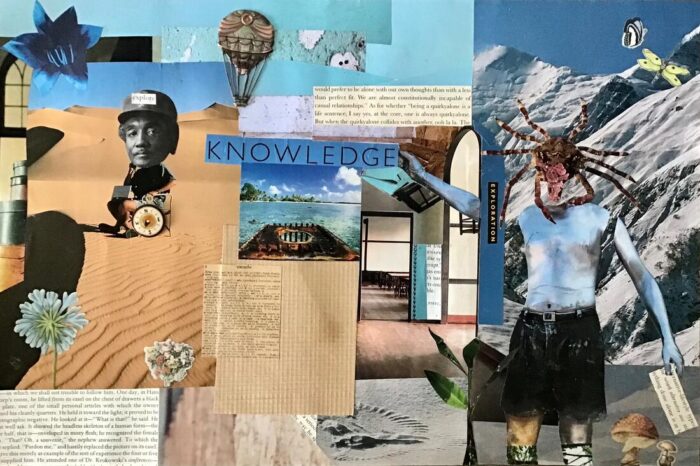 Collage featuring landscape scenes, flowers, the head of a black man, the word 