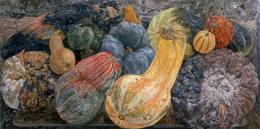 Close up of a group of gourds of varying shapes and sizes