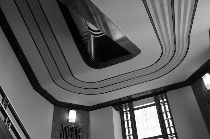 Black and white photo of the art deco lines in the Frist staircase