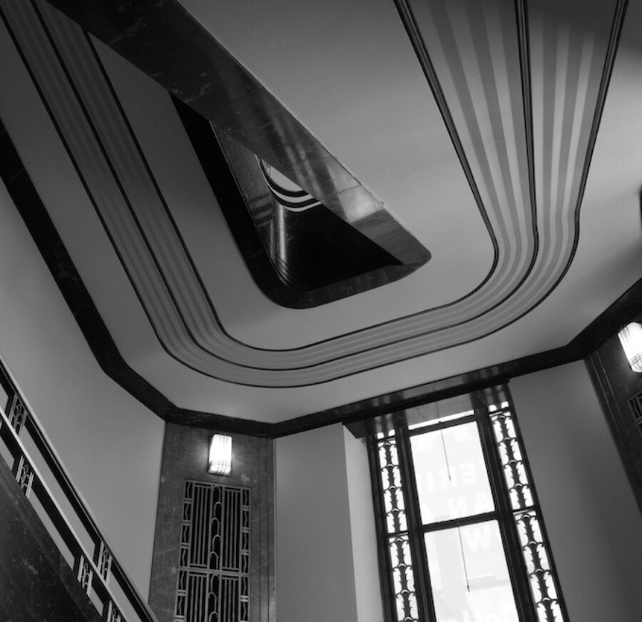 Black and white photo of the art deco lines in the Frist staircase