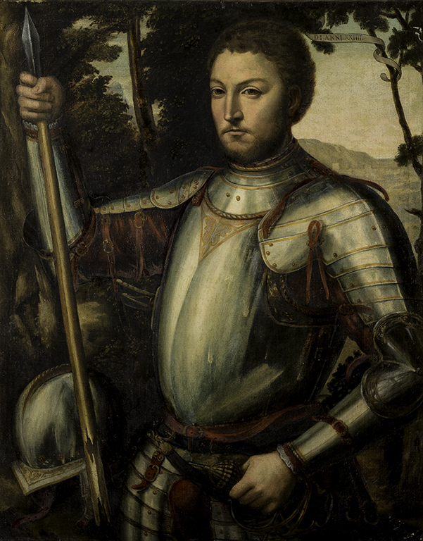 Waist-up portrait of short-haired man wearing a suit of armor with his helmet piece resting on a surface near him. He holds a spear in his left hand and has his right resting on his belt.