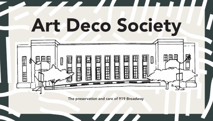 Graphic showing the front of the Frist building with Art Deco Society above it