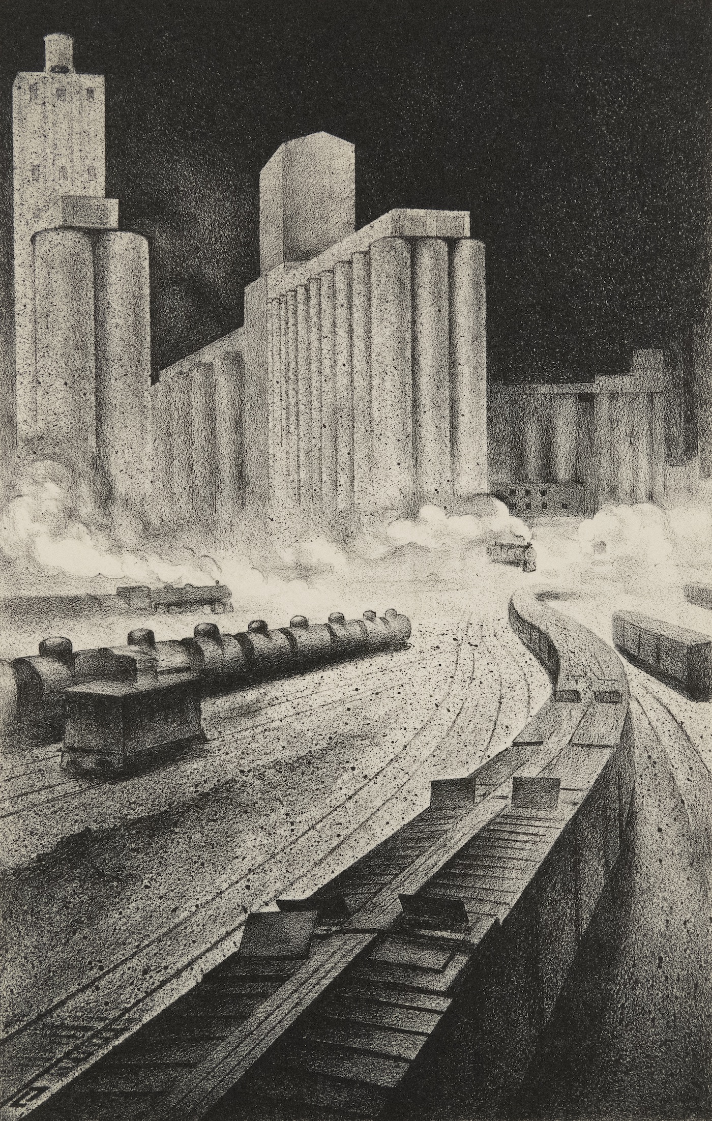 Trains varying in size and style and shades of gray move along tracks and spew white smoke in shades of gray. Cylindrical buildings scrape a black sky.
