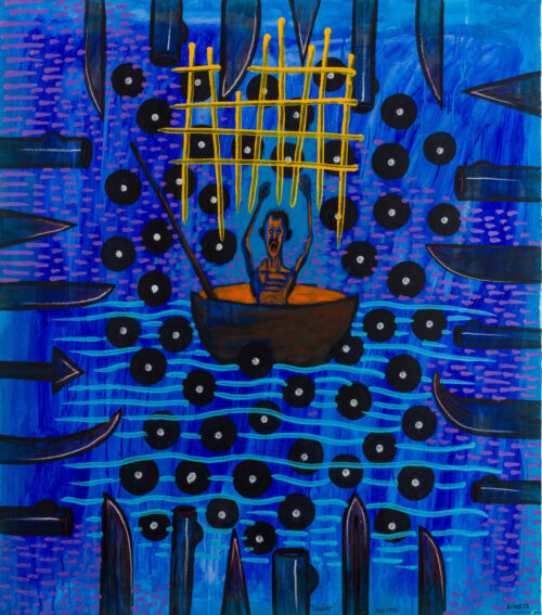 Against a blue sea-like background filed with round black circles with white center dots, a small man, wide eyed and mouth agape, sits in a small vessel. His arms raised in surrender, he appears surrounded by shapes resembling sharp objects.