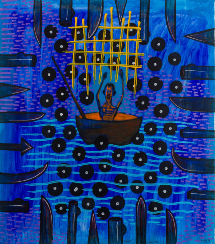 Against a blue sea-like background filled with round black circles with white center dots, a small man, wide eyed and mouth agape, sits in a small vessel. His arms raised in surrender, he appears surrounded by shapes resembling sharp objects.
