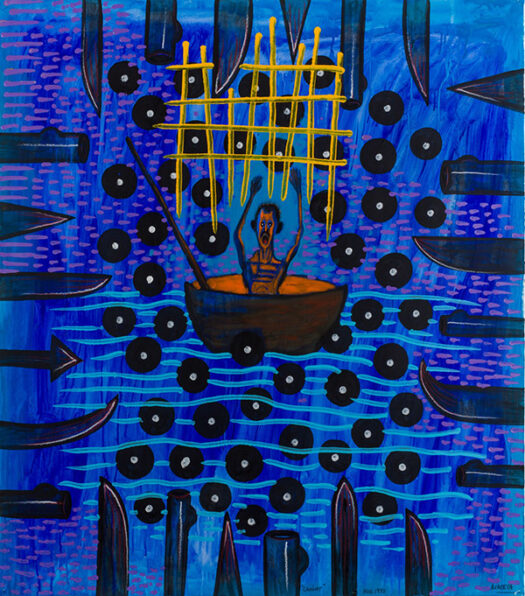 Against a blue sea-like background filed with round black circles with white center dots, a small man, wide eyed and mouth agape, sits in a small vessel. His arms raised in surrender, he appears surrounded by shapes resembling sharp objects.