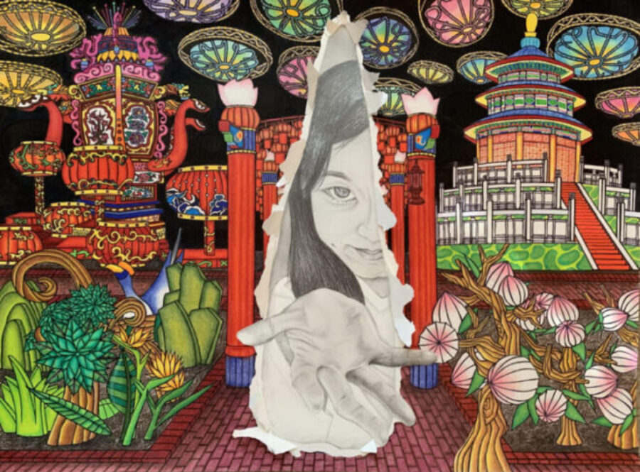 Wildly multi-colored scene of Asian style architecture and decorations with a pencil drawing of a girl emerging through the center of the scene holding out her hand seemingly to beckon entry.