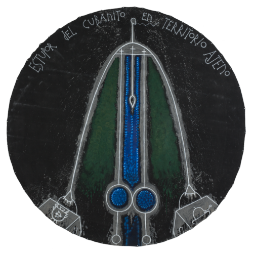 This circular painting features a black background with a simplistic stick figure made of white lines with three cross shapes at his shoulders and chest and a blue interior color. The words 