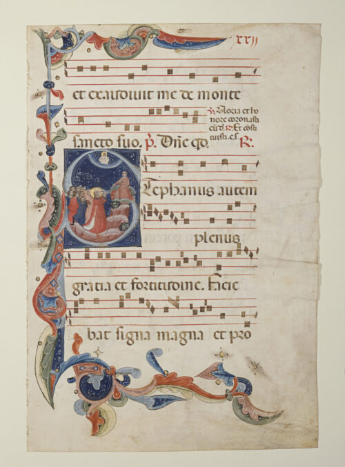Musical staffs with square-shaped notes fill the page. The left margin features beautiful ribbons of color, and in a small square, a man with a halo is being stoned.