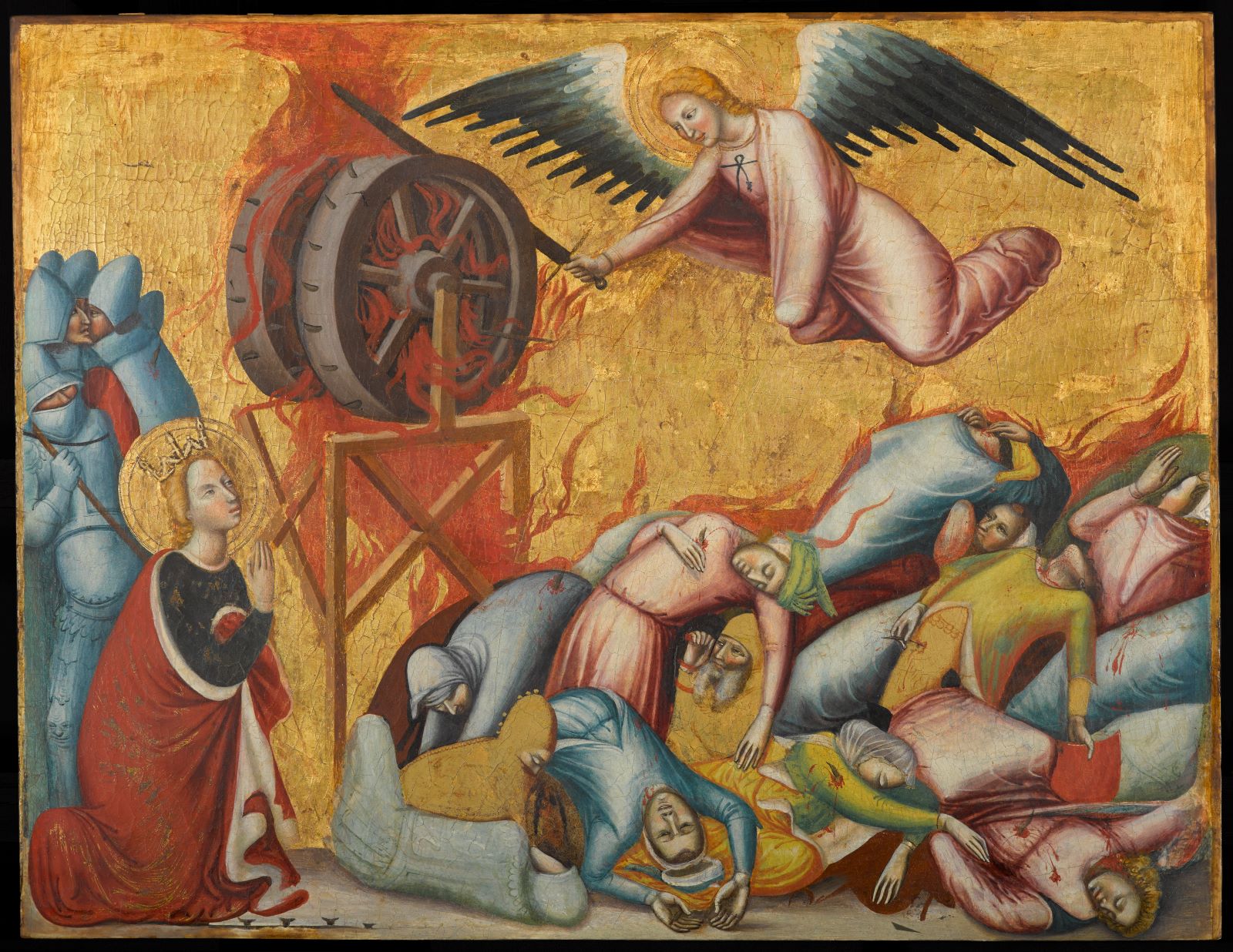 Against a golden background, an angel hovers over bloodied, mortally wounded people as she heats her sword in flames. Saint James wearing a bright red robe and gold crown appears to beseech the angel. A group of mitered figures look huddled in fright.