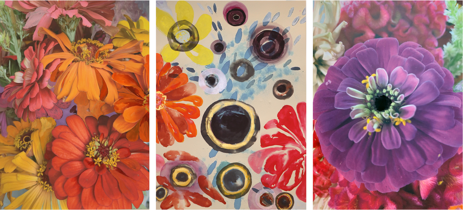 There are three sections of this painting, all consisting of close-ups of colorful flowers. The first panel shows flowers in reds, oranges, pinks and yellows with lush petals, the second panel is more simplistic flowers with black centers, the third is a closeup of a realistic purple flower.