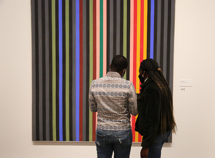 Couple standing looking at a work of art with multicolored vertical stripes