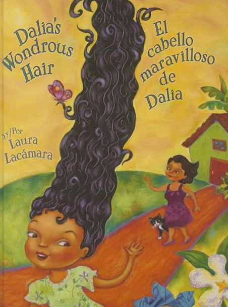 Book cover of Dalias wondrous hair showing a young girl with a very tall curly hairdo