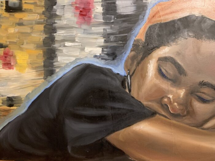 Painting of a young African American girl laying her head on her arms with eyes closed