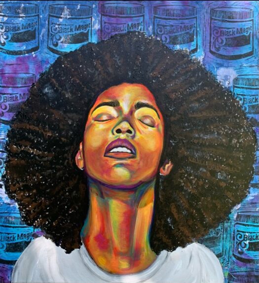 A portrait of a black woman shows her being surrounded by hues of blue and purple Black Magic hair product as she lifts her face up and lets her voluminous curly hair flow