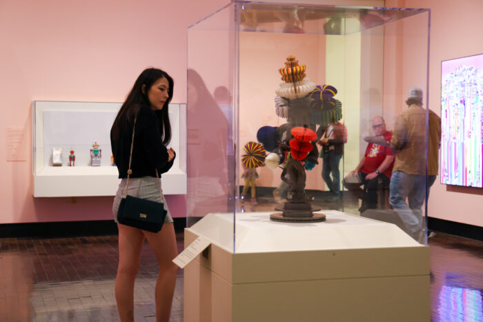 Woman looking in a case in a gallery