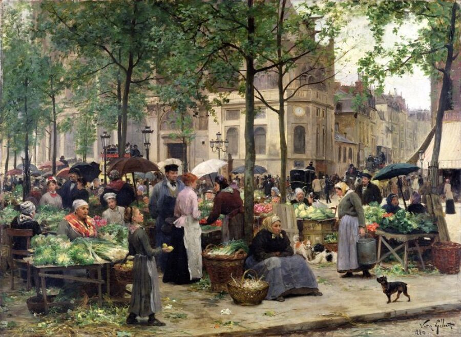 People milling about buying and selling vegetables and tables set up in a park like setting in a city