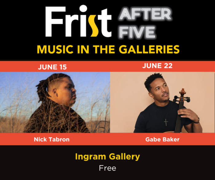 Frist After Five graphic with photos of Gabe Baker and Nick Tabron