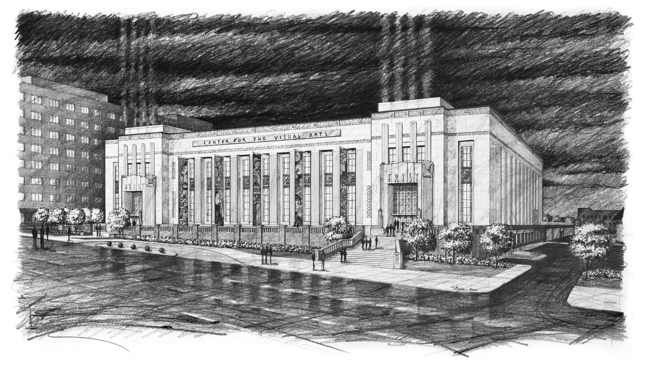 The architect’s black-and-white rendering of the Frist Art Museum. Groups of people are seen walking into the building.
