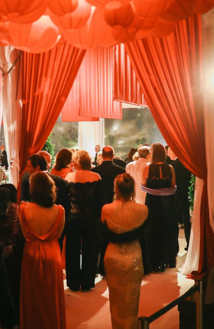 A crowd of people gather at a gala with drapes flowing down from the ceiling.