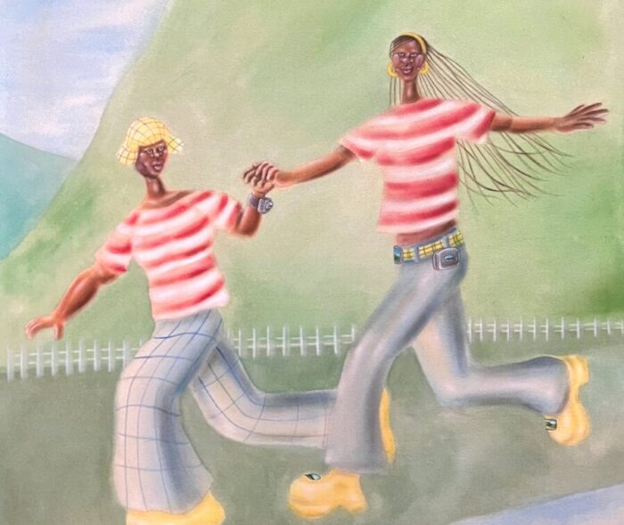 painting of two people in red and white stripped shirts hold hands while running through hills.