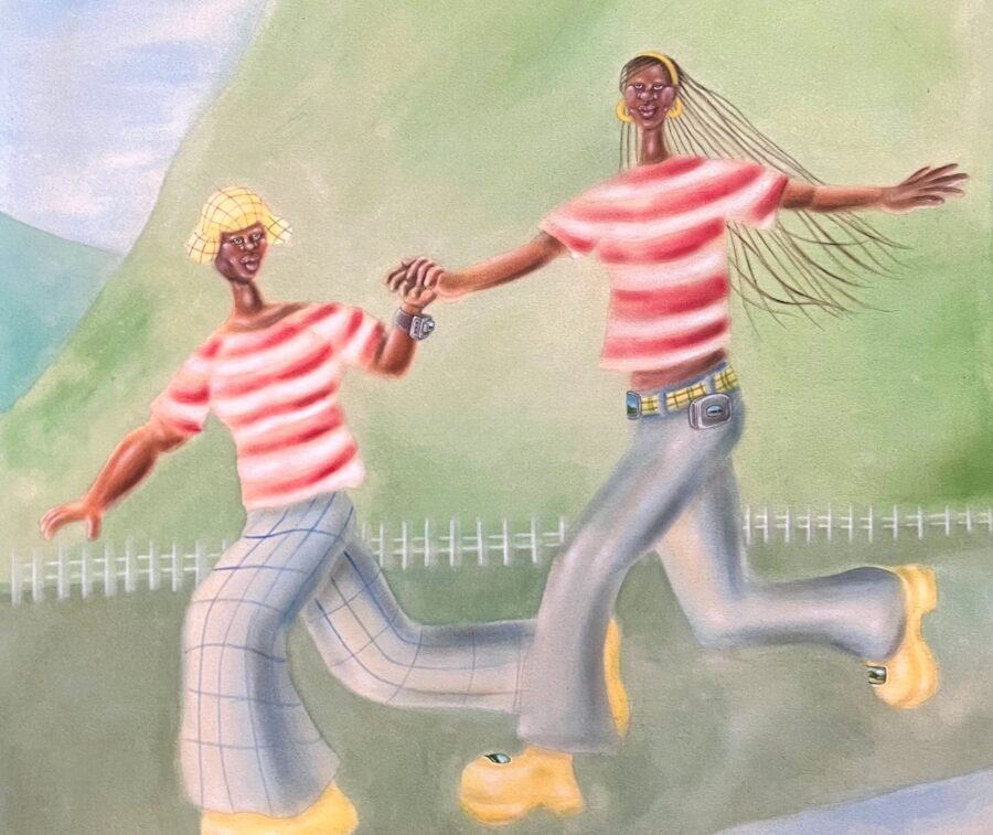 painting of two people in red and white stripped shirts hold hands while running through hills.