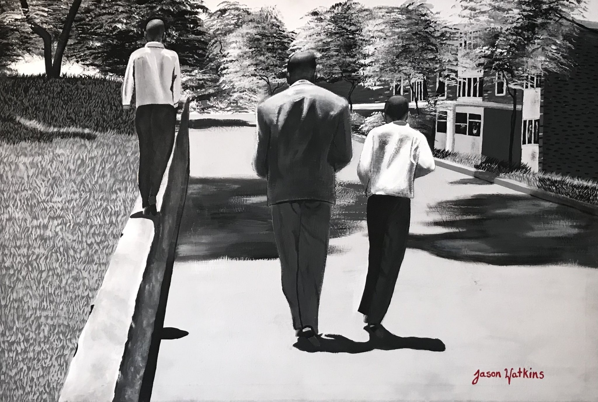 Black and white painting of a a father and two sons casually walking down a street