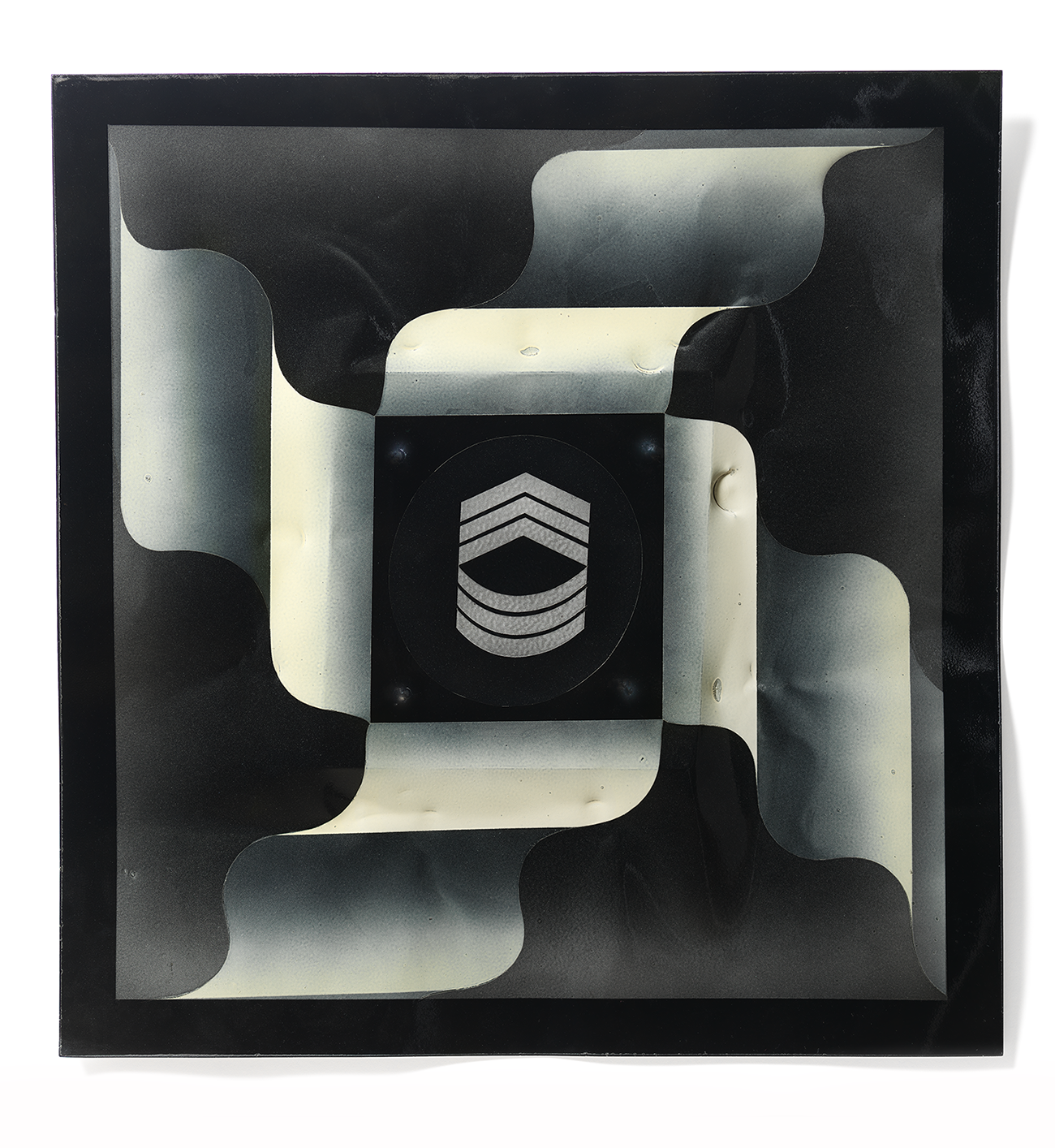 Abstract piece featuring a small black square in the middle with four white/grey waves jutting out along each edge. Six white arrows are in the center of the small black square separated in groups of three.