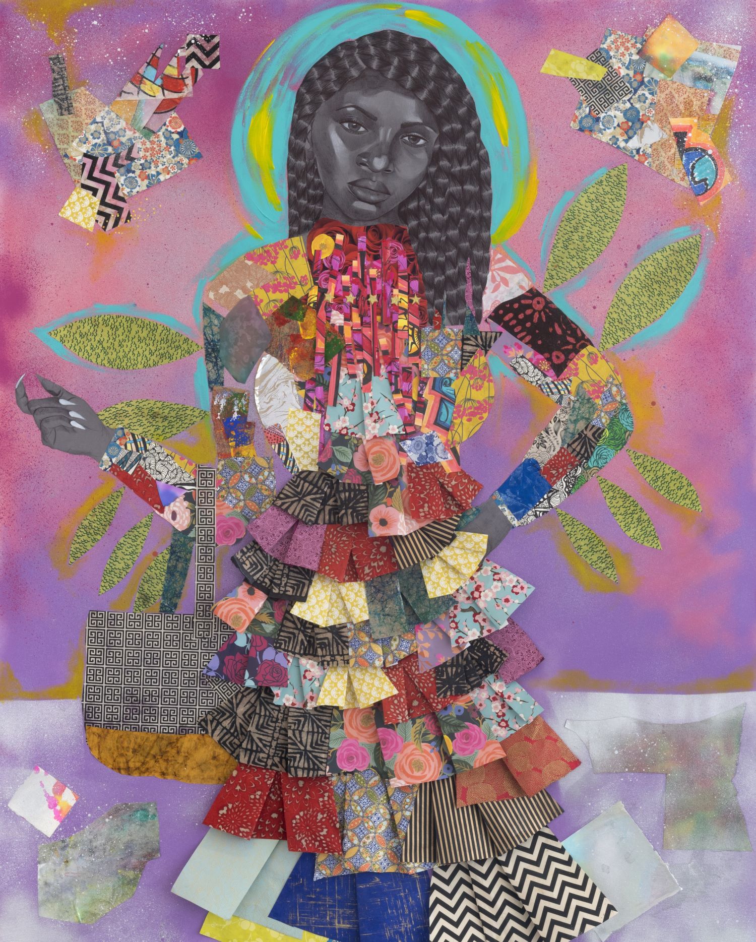 Black woman with long curly black hair with a serious look on her face wearing a colorful dress made of swatches of paper and other materials.