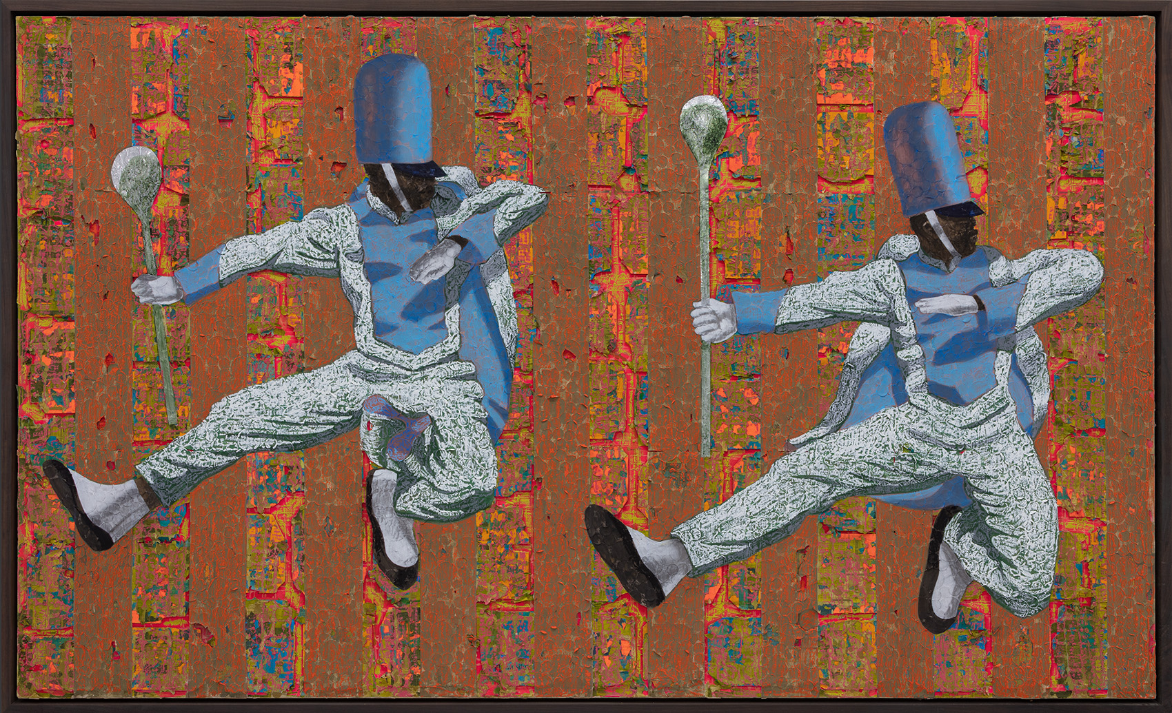 Collage piece showing two Black men in marching band uniforms jumping into the air