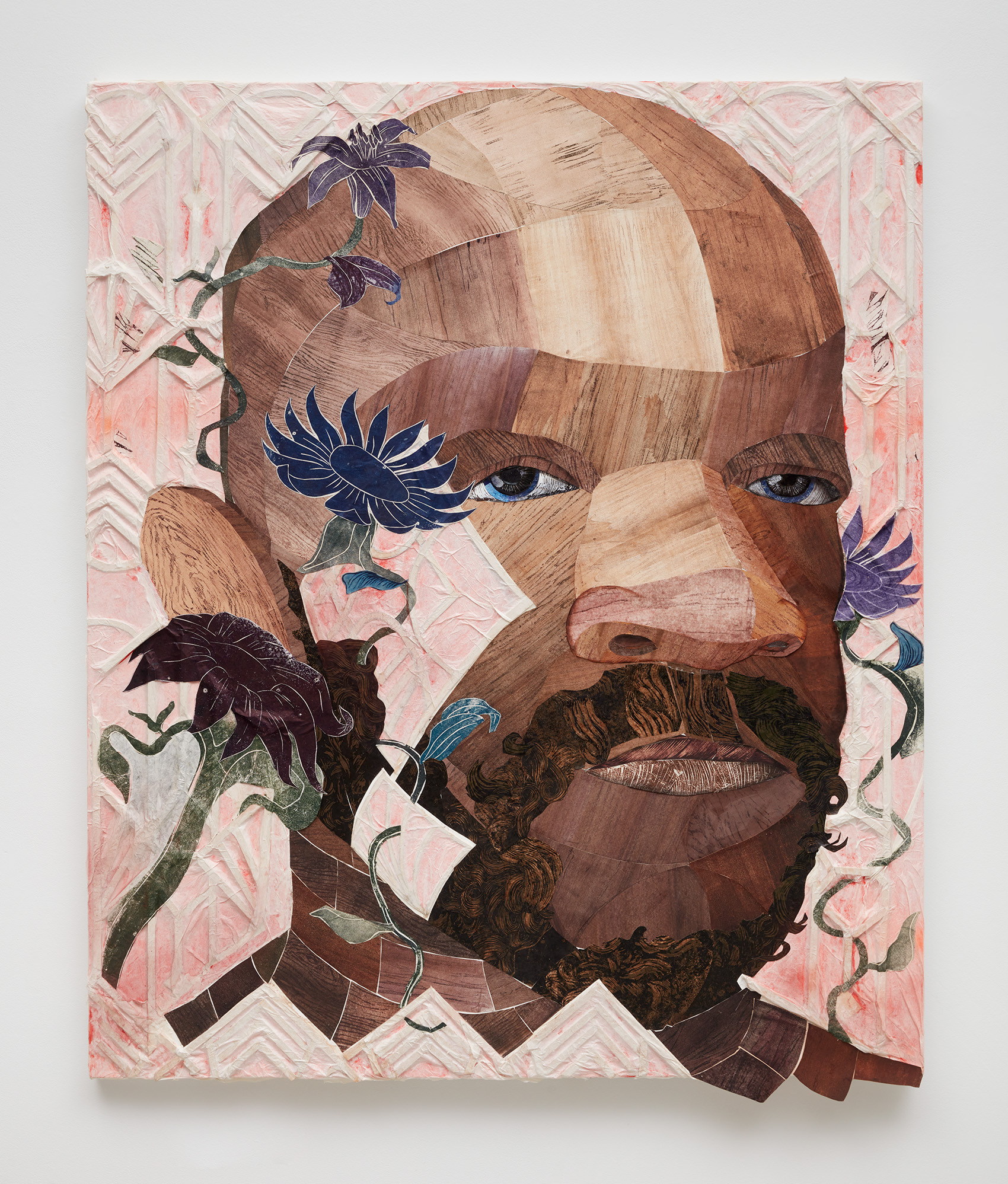 Collage portrait of a Black man with flowers next to his head