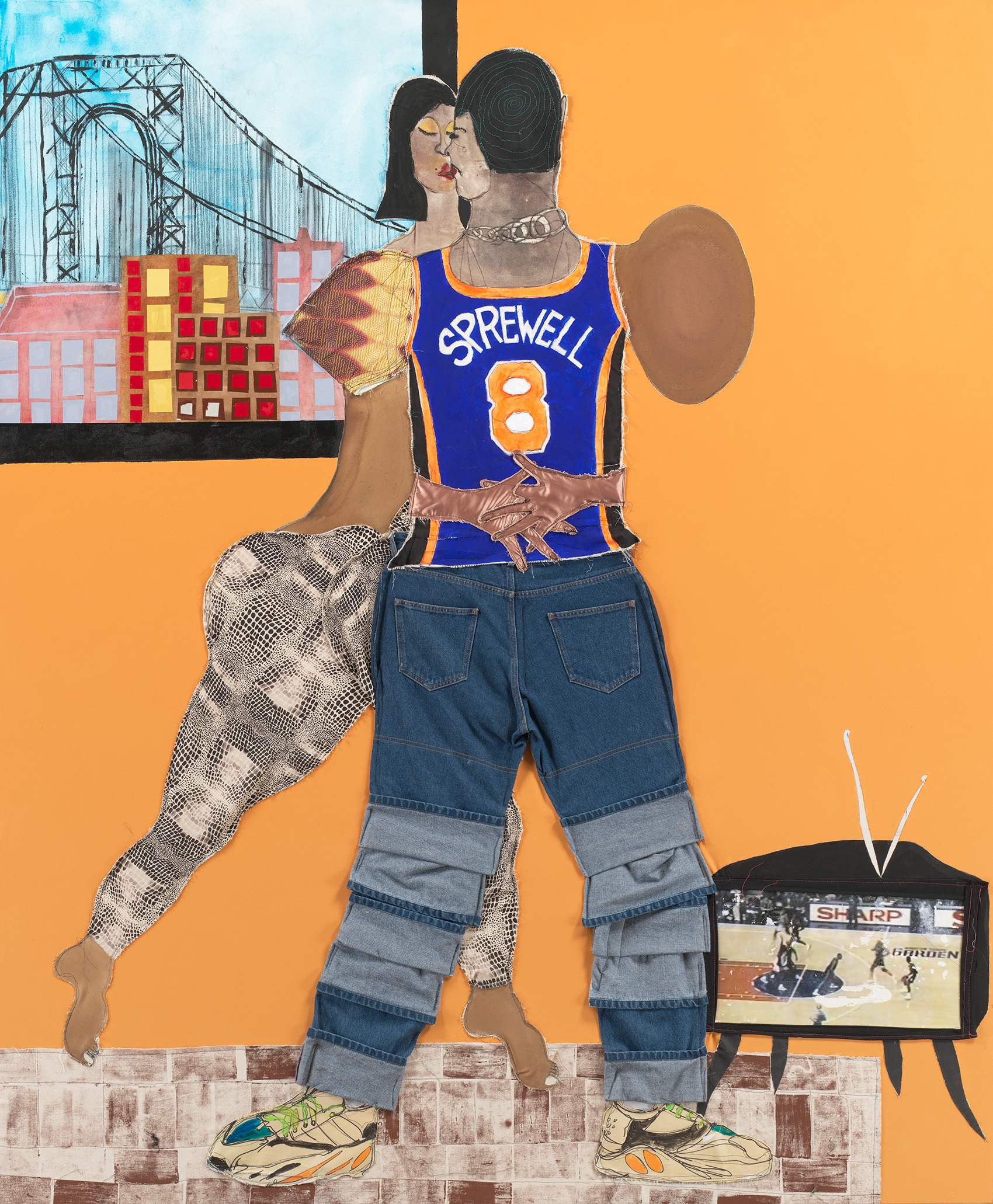 Collage piece showing a woman embracing a man with a basketball jersey with Sprewell on the back.