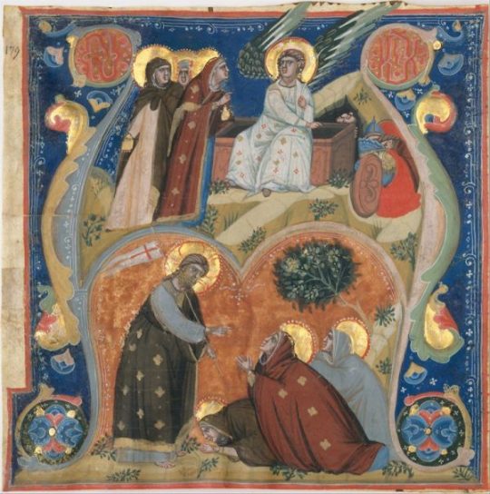 Against a blue background, a haloed, robed man reaches toward two men kneeling before him. Three women gazing at an angel are situated at the top of the work. Beautifully adorned curves frame the figures.