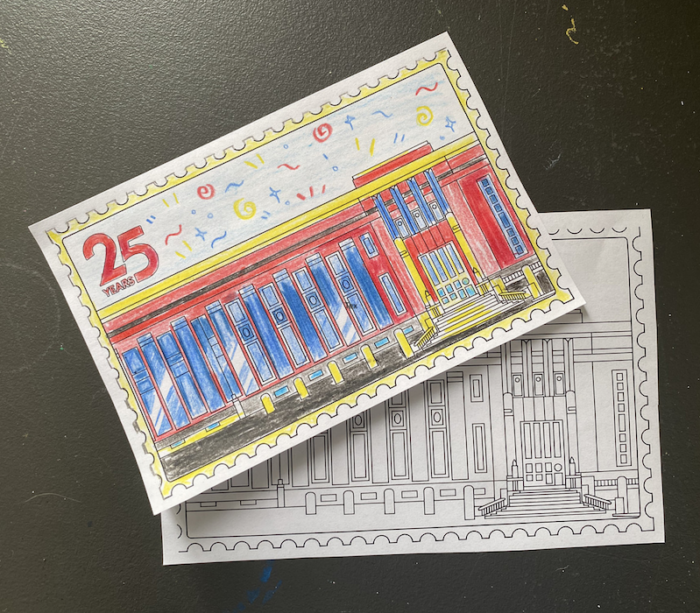 Hand colored postcard of the Frist building 